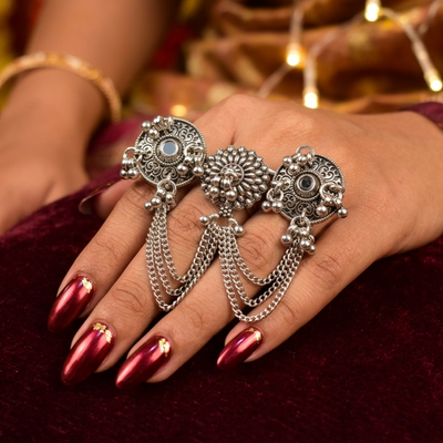 Silver Oxidised Mirror Chakshu Tassel Cuff Finger Ring