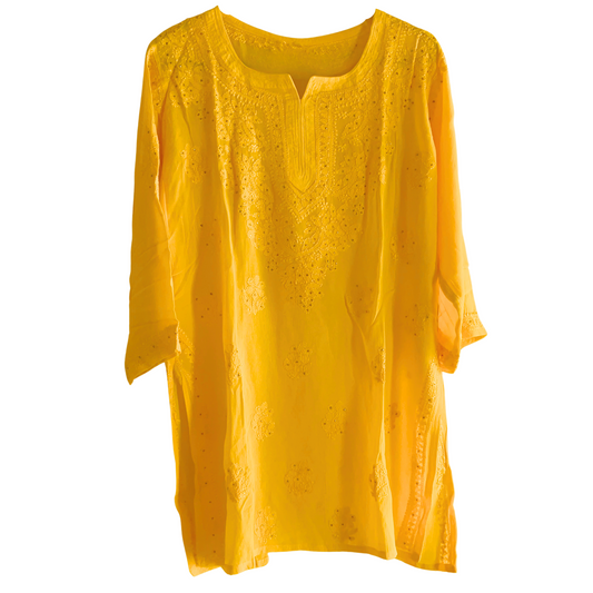 Mukaish Work Yellow Georgette Short Chikan Kurti