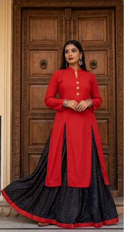 Ready-to-wear Ghera Skirt with Long Slit Kurti