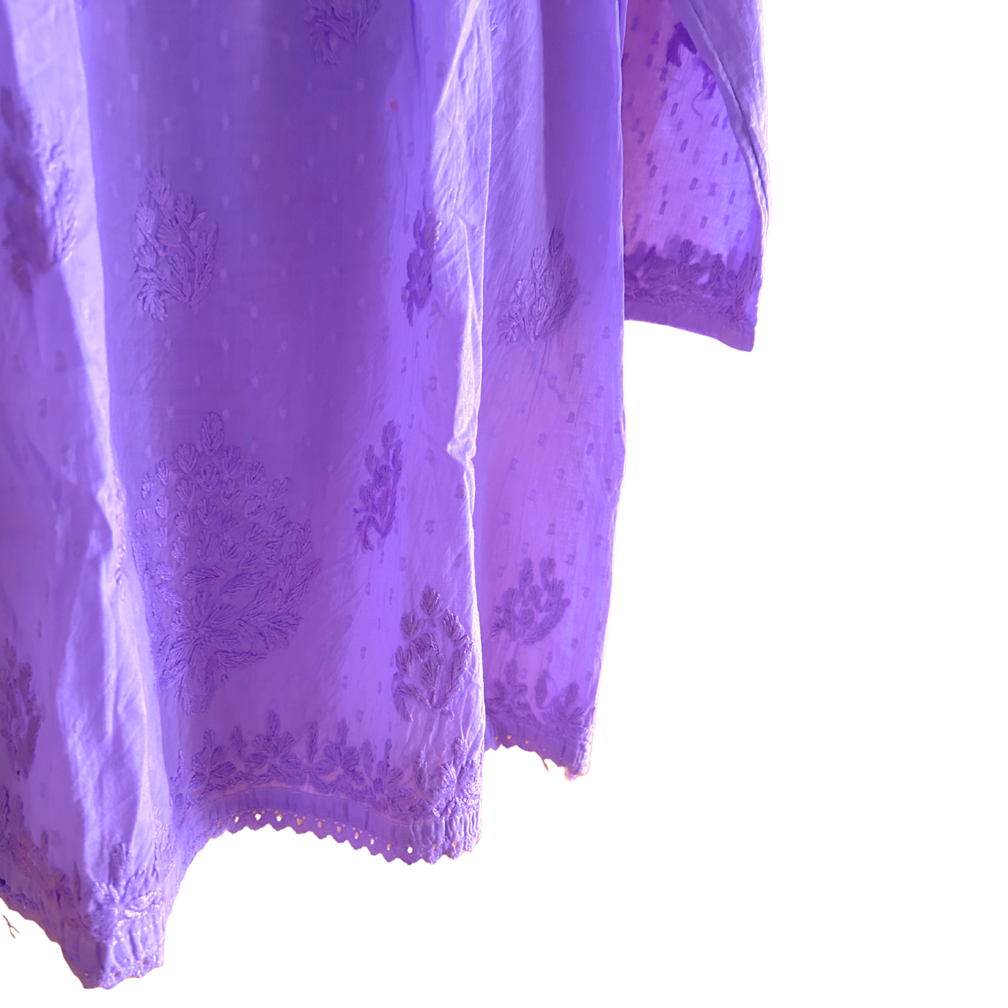 Lavender Short Chikan Kurti with Pleated Neck Embroidery