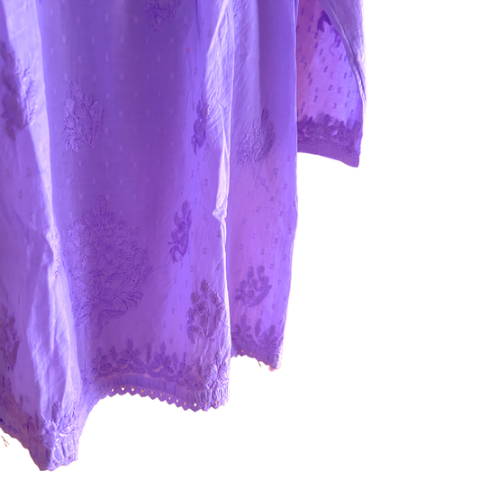 Lavender Short Chikan Kurti with Pleated Neck Embroidery
