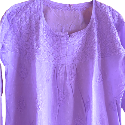Lavender Short Chikan Kurti with Pleated Neck Embroidery