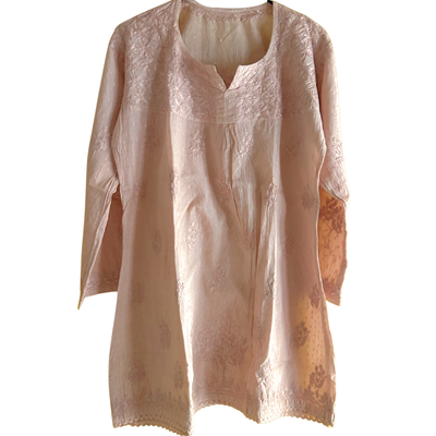 Beige Short Chikan Kurti with Pleated Neck Embroidery