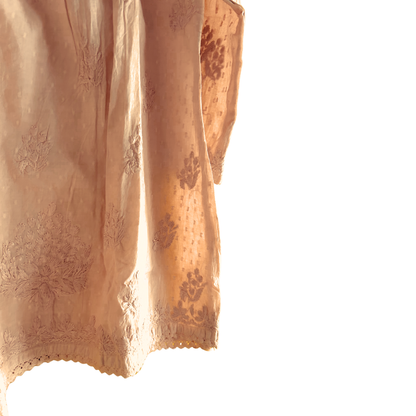 Beige Short Chikan Kurti with Pleated Neck Embroidery