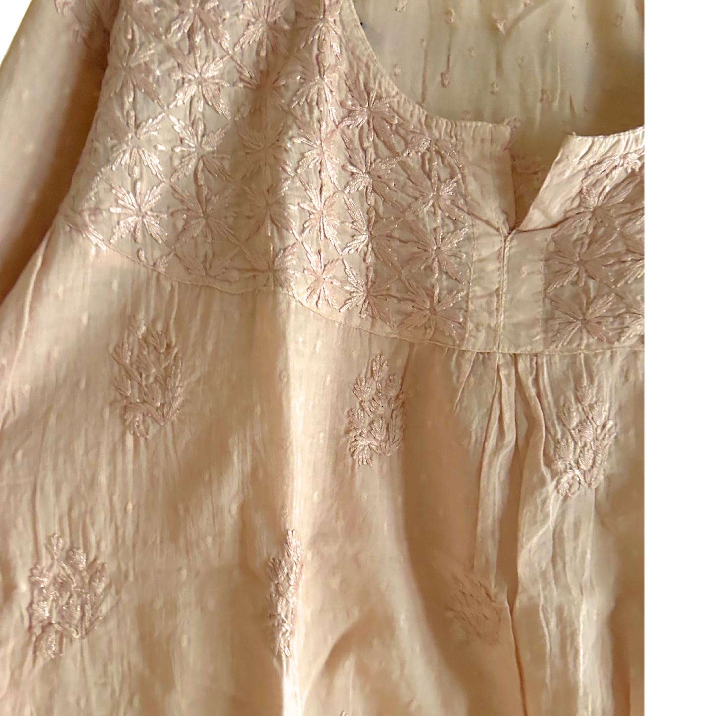 Beige Short Chikan Kurti with Pleated Neck Embroidery