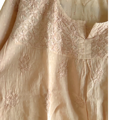 Beige Short Chikan Kurti with Pleated Neck Embroidery