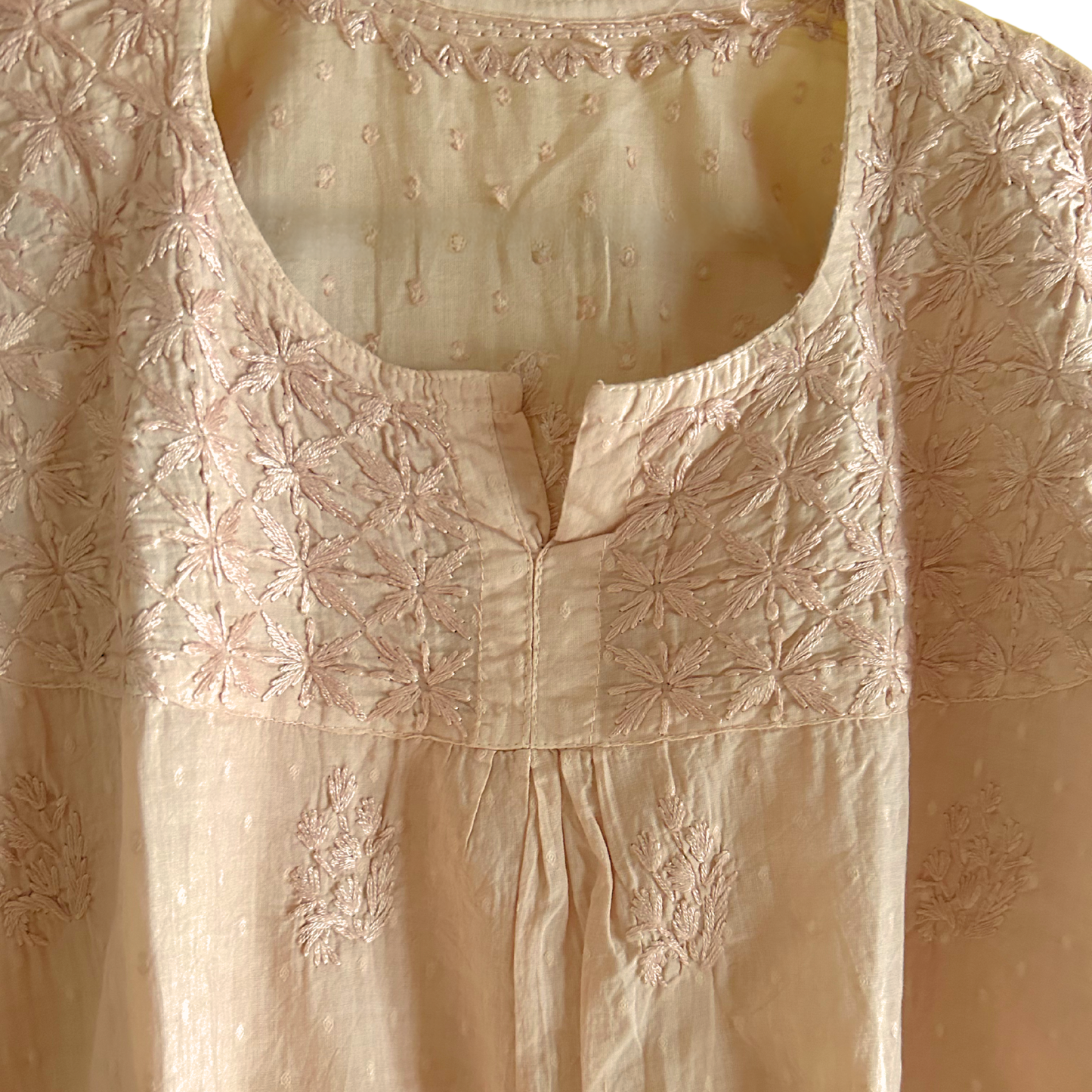 Beige Short Chikan Kurti with Pleated Neck Embroidery