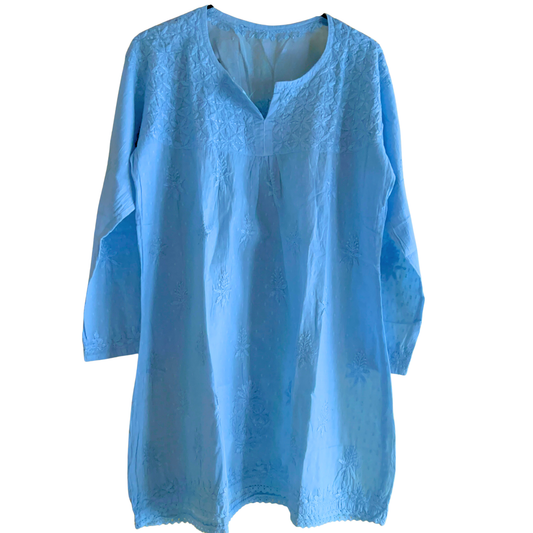 Sky Blue Short Chikan Kurti with Pleated Neck Embroidery