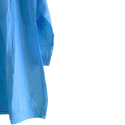 Sky Blue Short Chikan Kurti with Pleated Neck Embroidery
