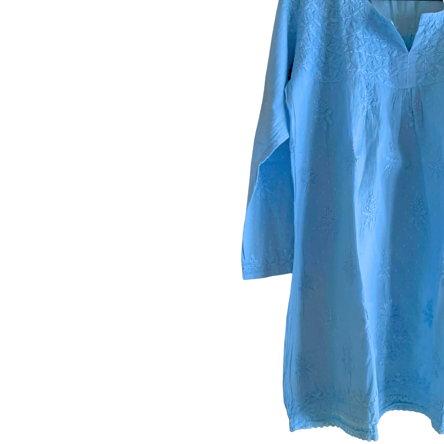 Sky Blue Short Chikan Kurti with Pleated Neck Embroidery