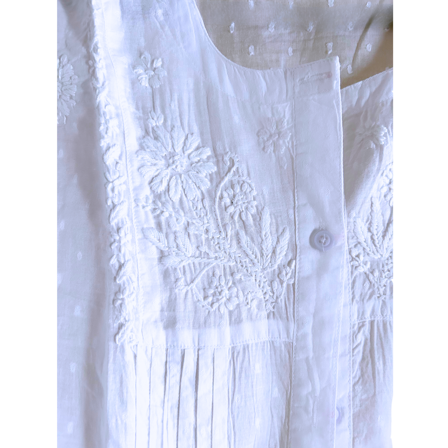 White Aura MulMul Cotton Pleated Chikan Shirt Kurti