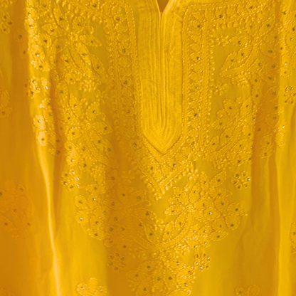 Mukaish Work Yellow Georgette Short Chikan Kurti