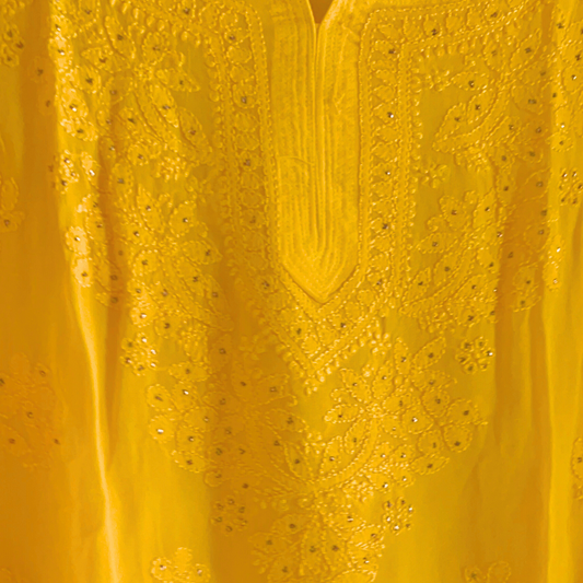 Mukaish Work Yellow Georgette Short Chikan Kurti
