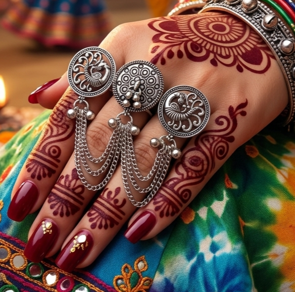 Silver Oxidised Mayur Tassel Cuff Finger Ring