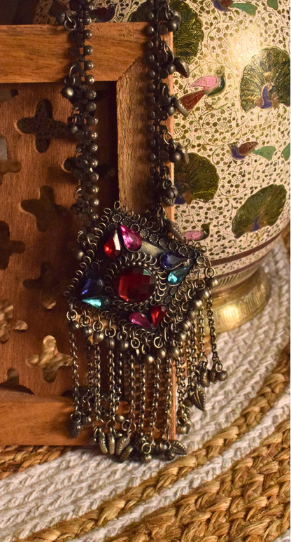 Sahar Long German Silver Afghani Pendant Ghungroo Necklace