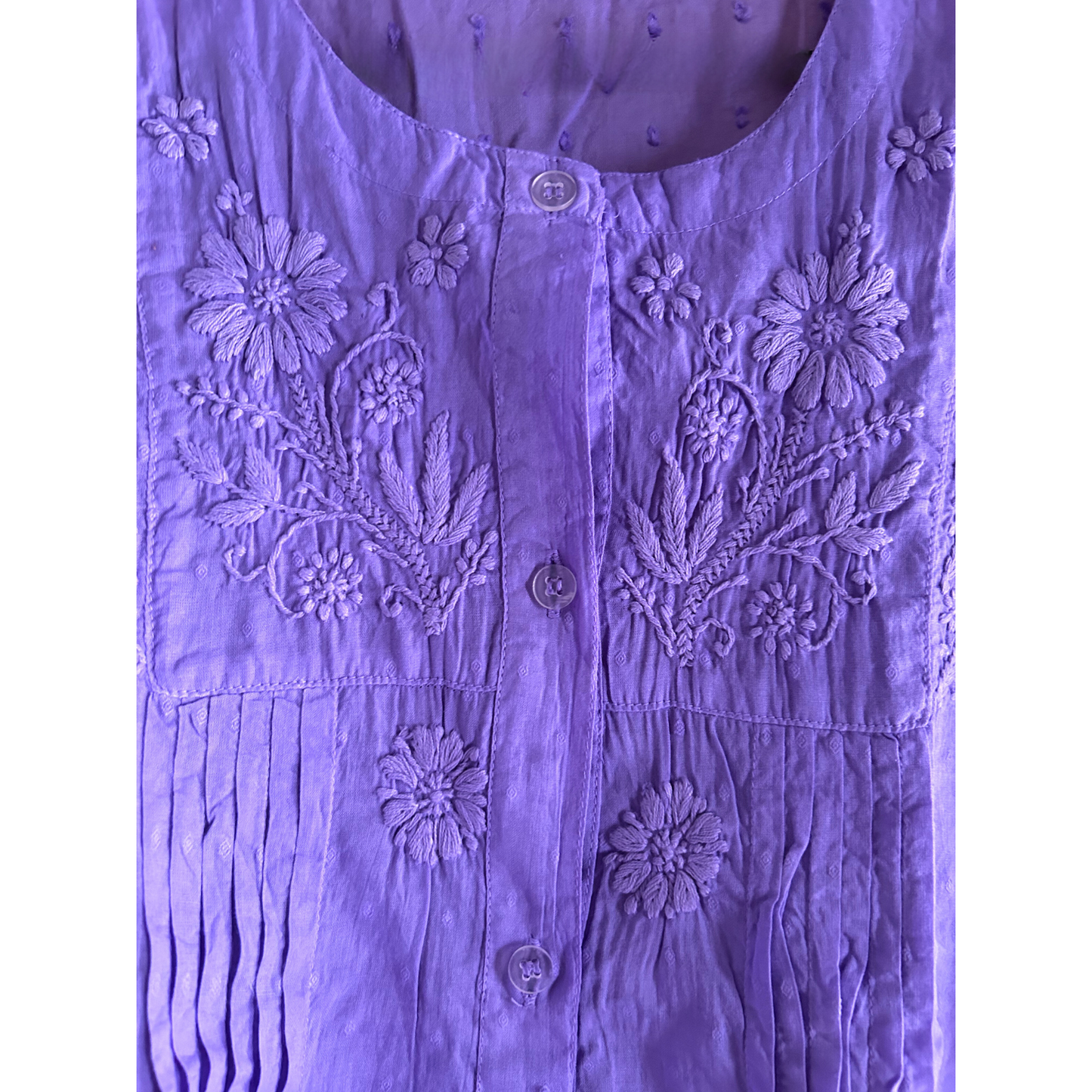 Lavender Haze MulMul Cotton Pleated Chikan Shirt Kurti