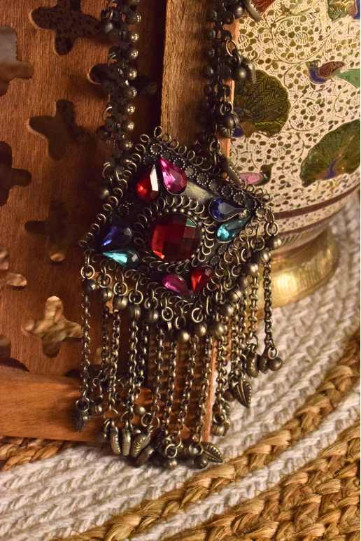 Sahar Long German Silver Afghani Pendant Ghungroo Necklace