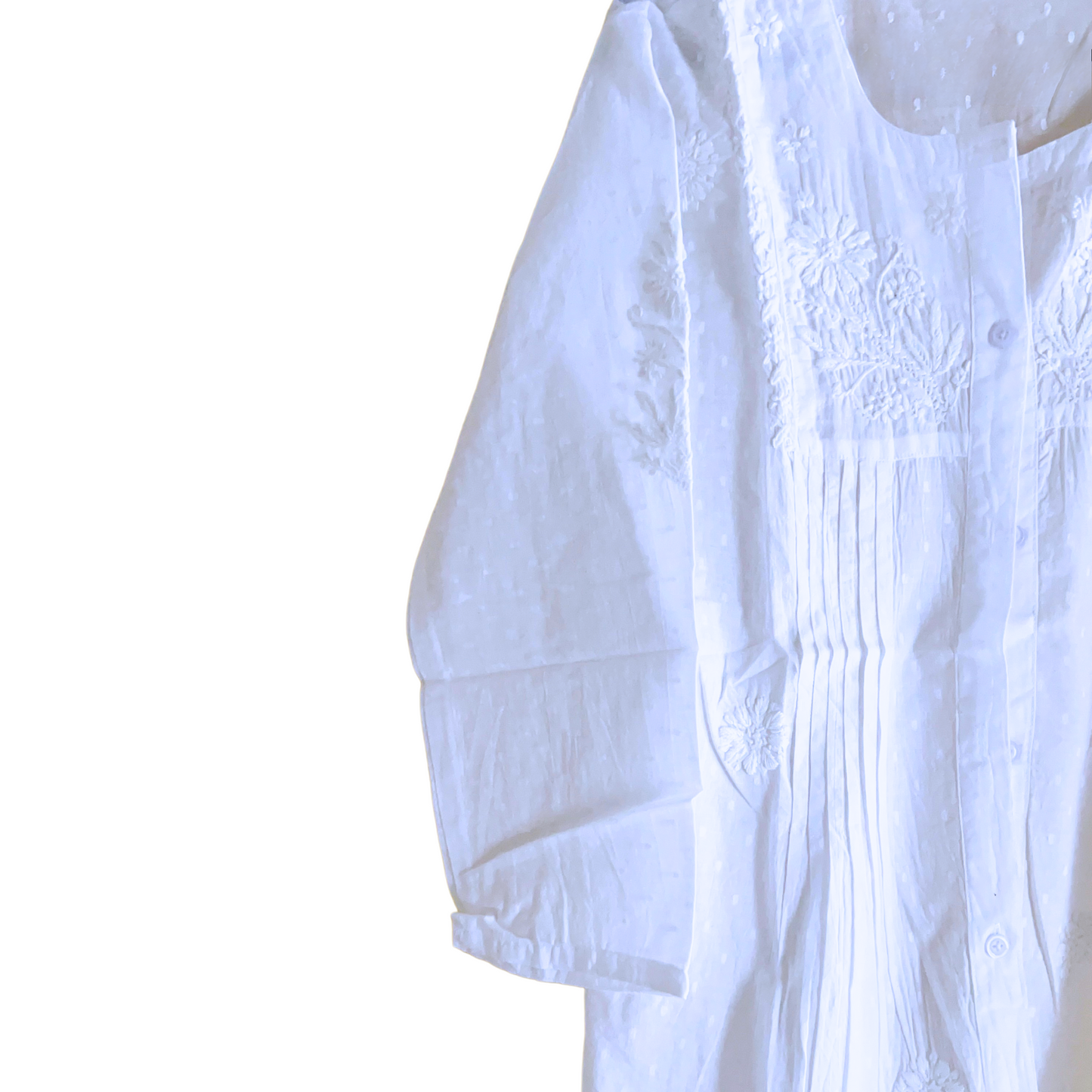 White Aura MulMul Cotton Pleated Chikan Shirt Kurti