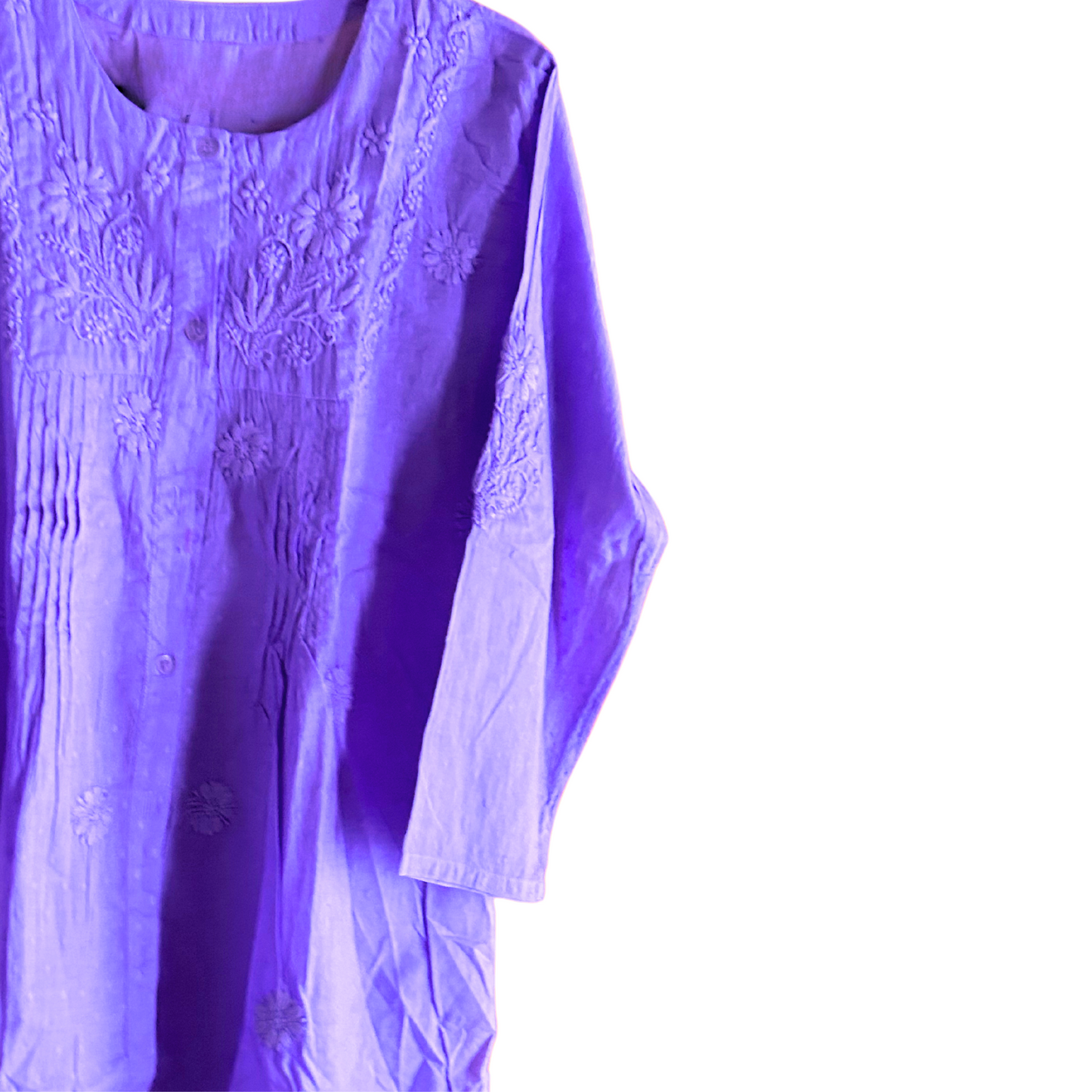 Lavender Haze MulMul Cotton Pleated Chikan Shirt Kurti