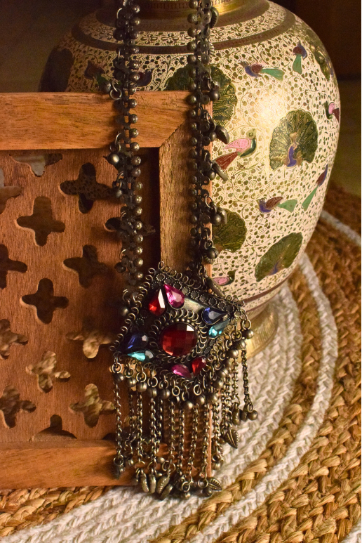 Sahar Long German Silver Afghani Pendant Ghungroo Necklace