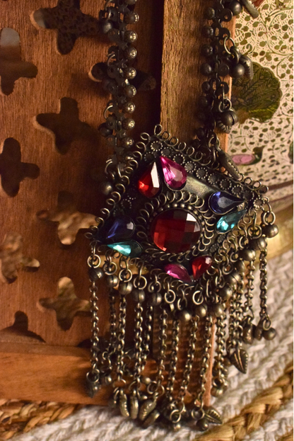 Sahar Long German Silver Afghani Pendant Ghungroo Necklace