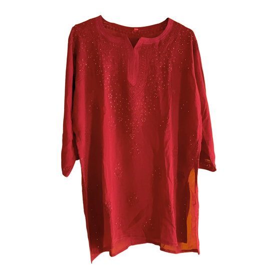 Mukaish Work Maroon Georgette Short Chikan Kurti