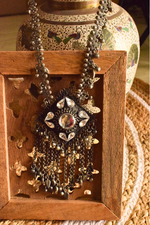 Sahar Long German Silver Afghani Pendant Ghungroo Necklace