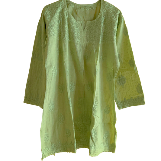 Short Parrot Green Chikan Kurti with Pleated Neck Embroidery