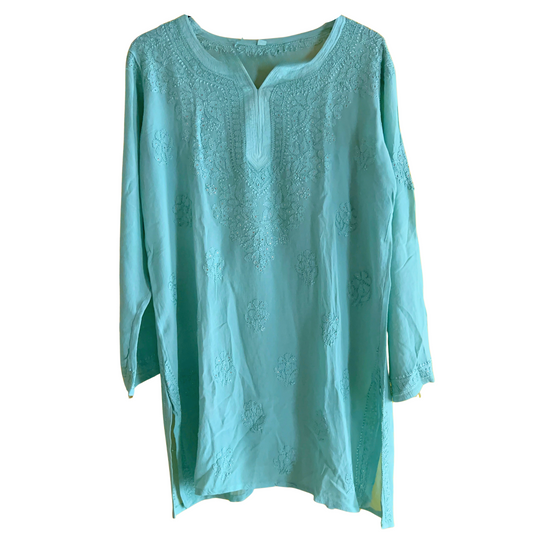 Mukaish Work Pastel Green Georgette Short Chikan Kurti