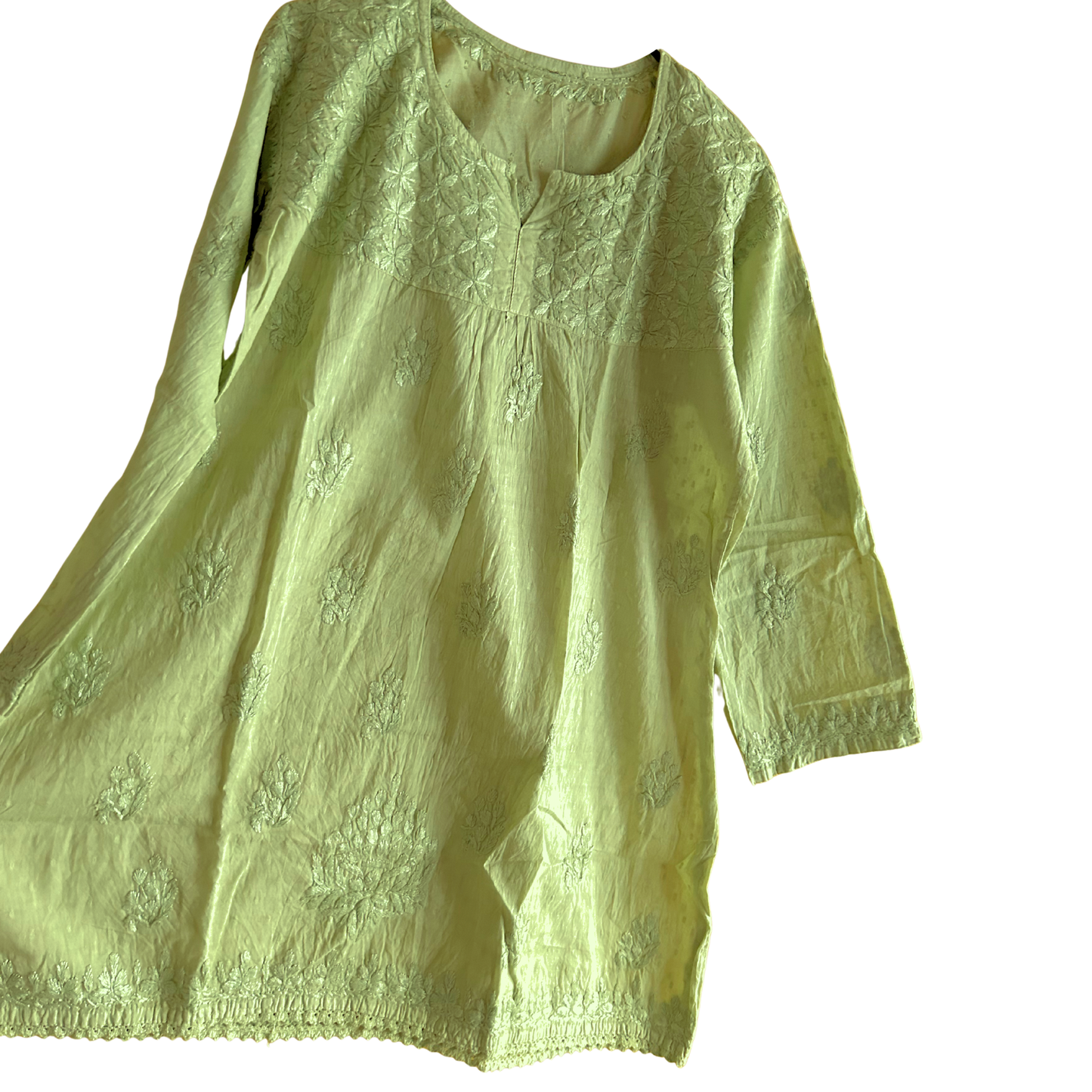 Short Parrot Green Chikan Kurti with Pleated Neck Embroidery