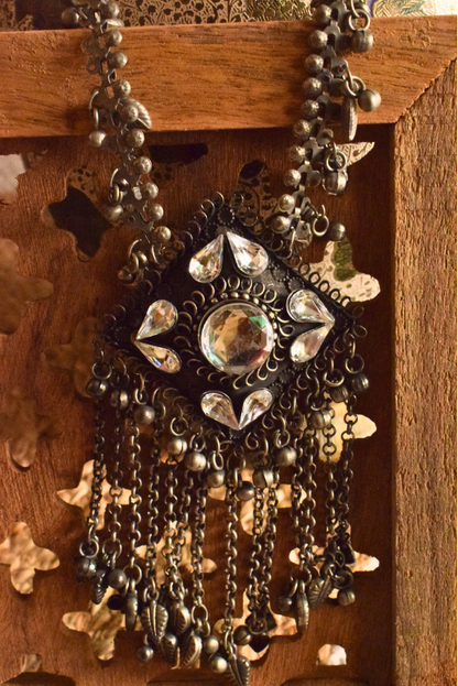 Sahar Long German Silver Afghani Pendant Ghungroo Necklace
