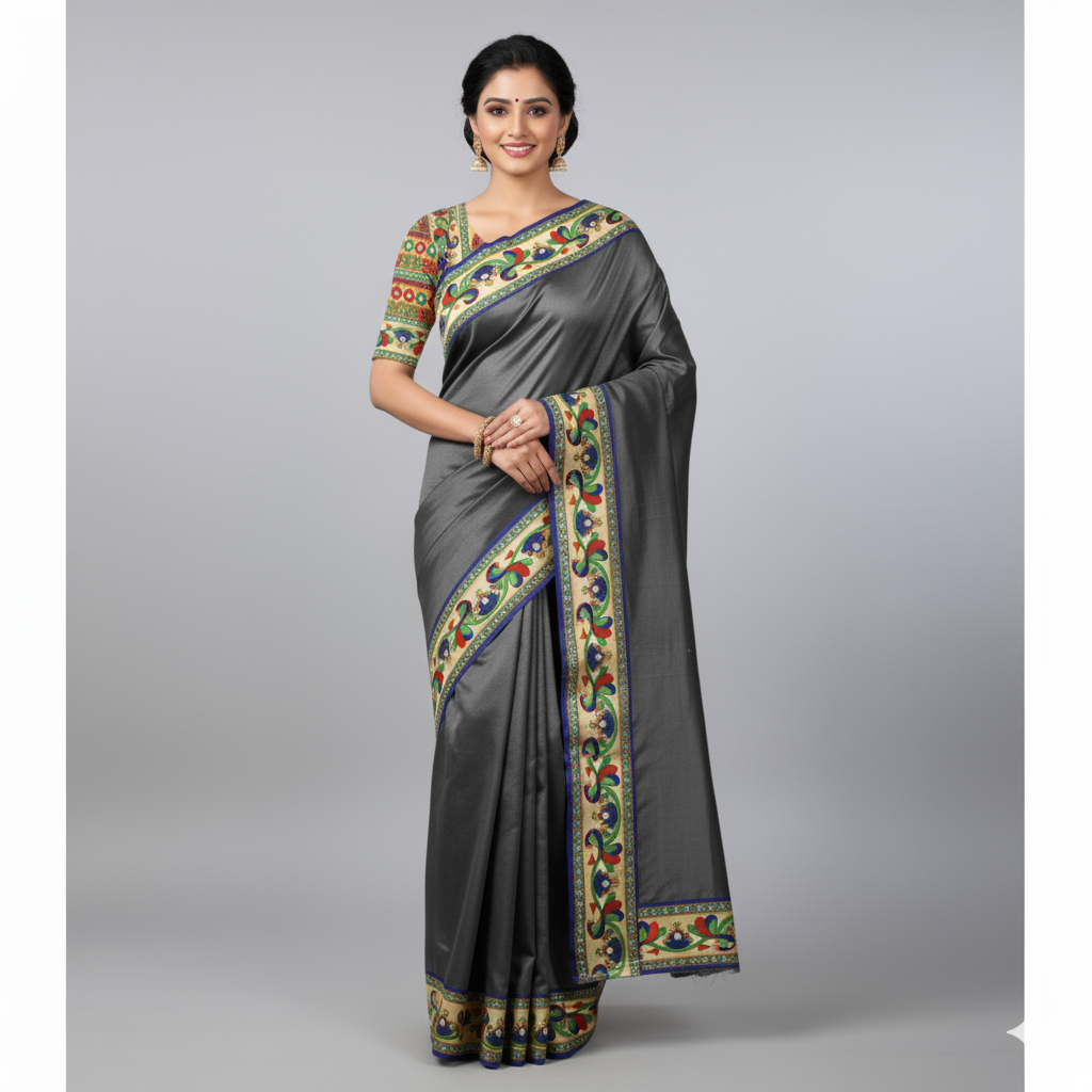 Cotton Silk Saree with Peacock Kalamkari Print Border and Blouse
