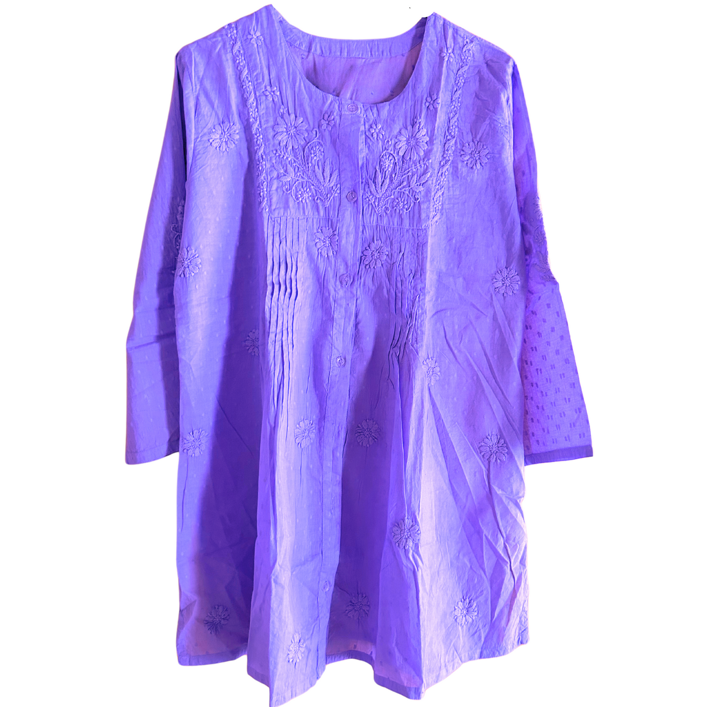 Lavender Haze MulMul Cotton Pleated Chikan Shirt Kurti