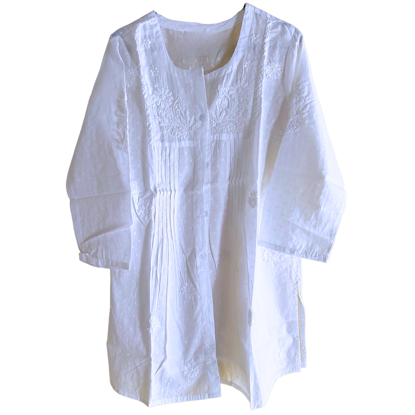 White Aura MulMul Cotton Pleated Chikan Shirt Kurti