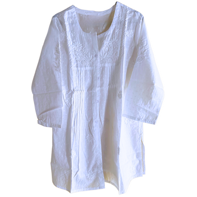 White Aura MulMul Cotton Pleated Chikan Shirt Kurti