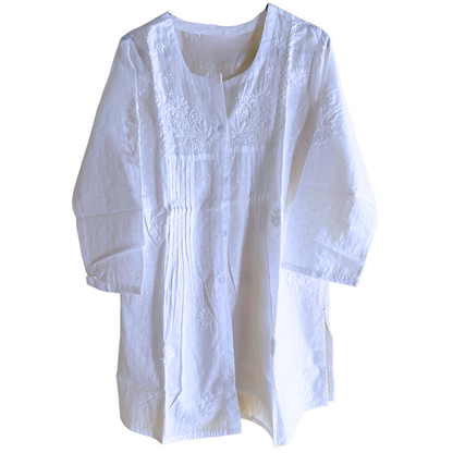 White Aura MulMul Cotton Pleated Chikan Shirt Kurti