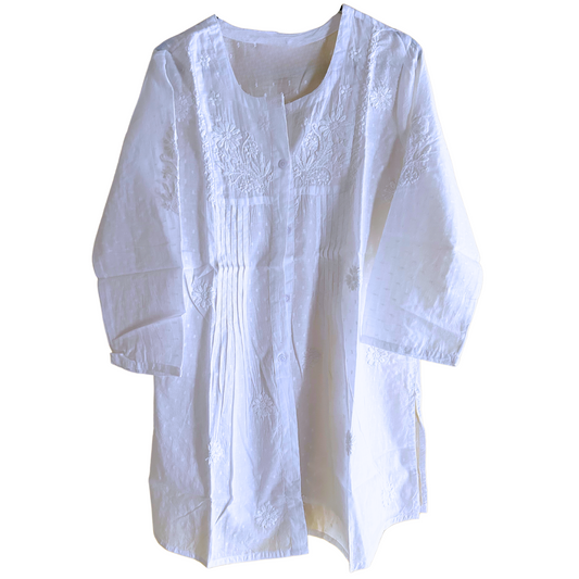 White Aura MulMul Cotton Pleated Chikan Shirt Kurti