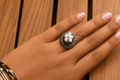 German Silver Oxidized Pearl Bead Finger Ring