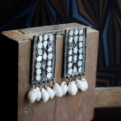 Boho Mirror Sea Shell German Silver Stud Earrings