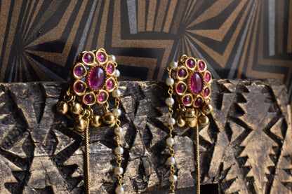 Ruby Pink Kumud Earrings with Ghungroo & Jhumka Kashmiri Latkan