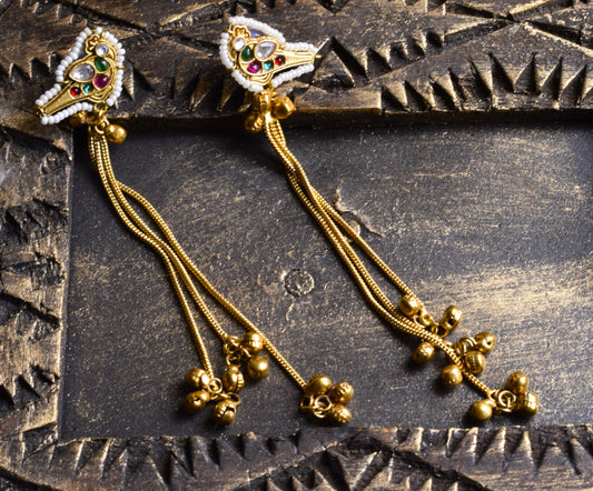 Panchratan Parrot Antique Gold Kashmiri Earrings
