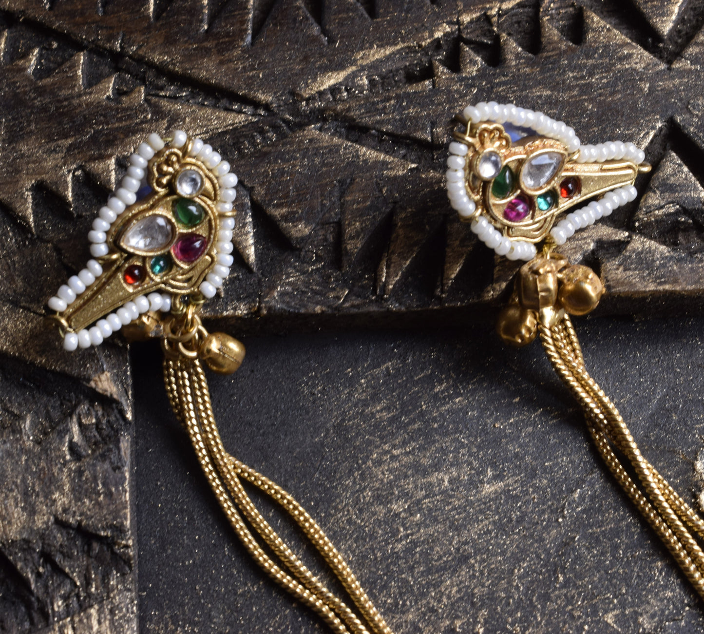 Panchratan Parrot Antique Gold Kashmiri Earrings
