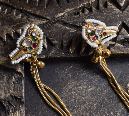 Panchratan Parrot Antique Gold Kashmiri Earrings