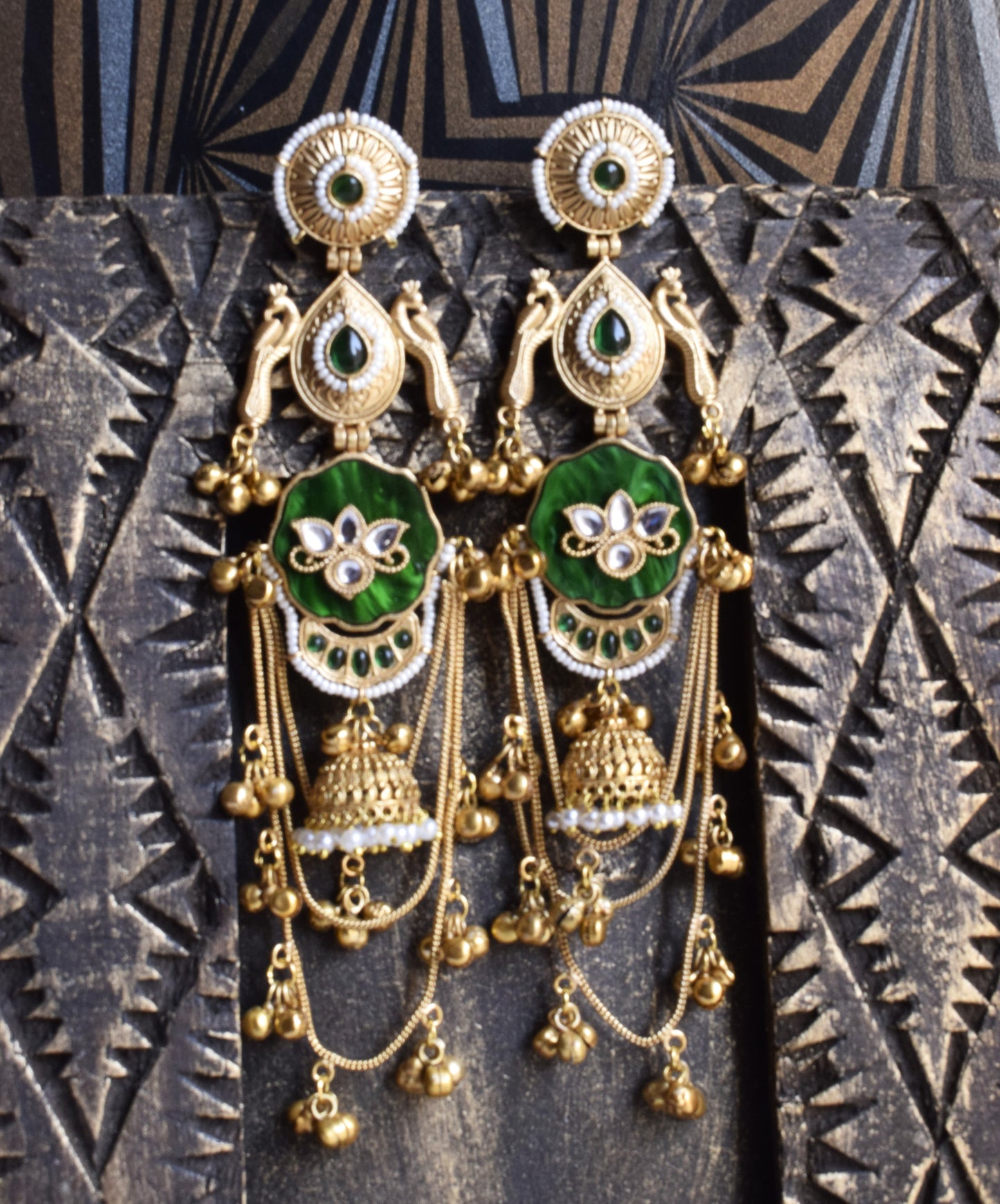 Kamalnayanam Matt Gold Long Ghungroo Peacock Jhumka