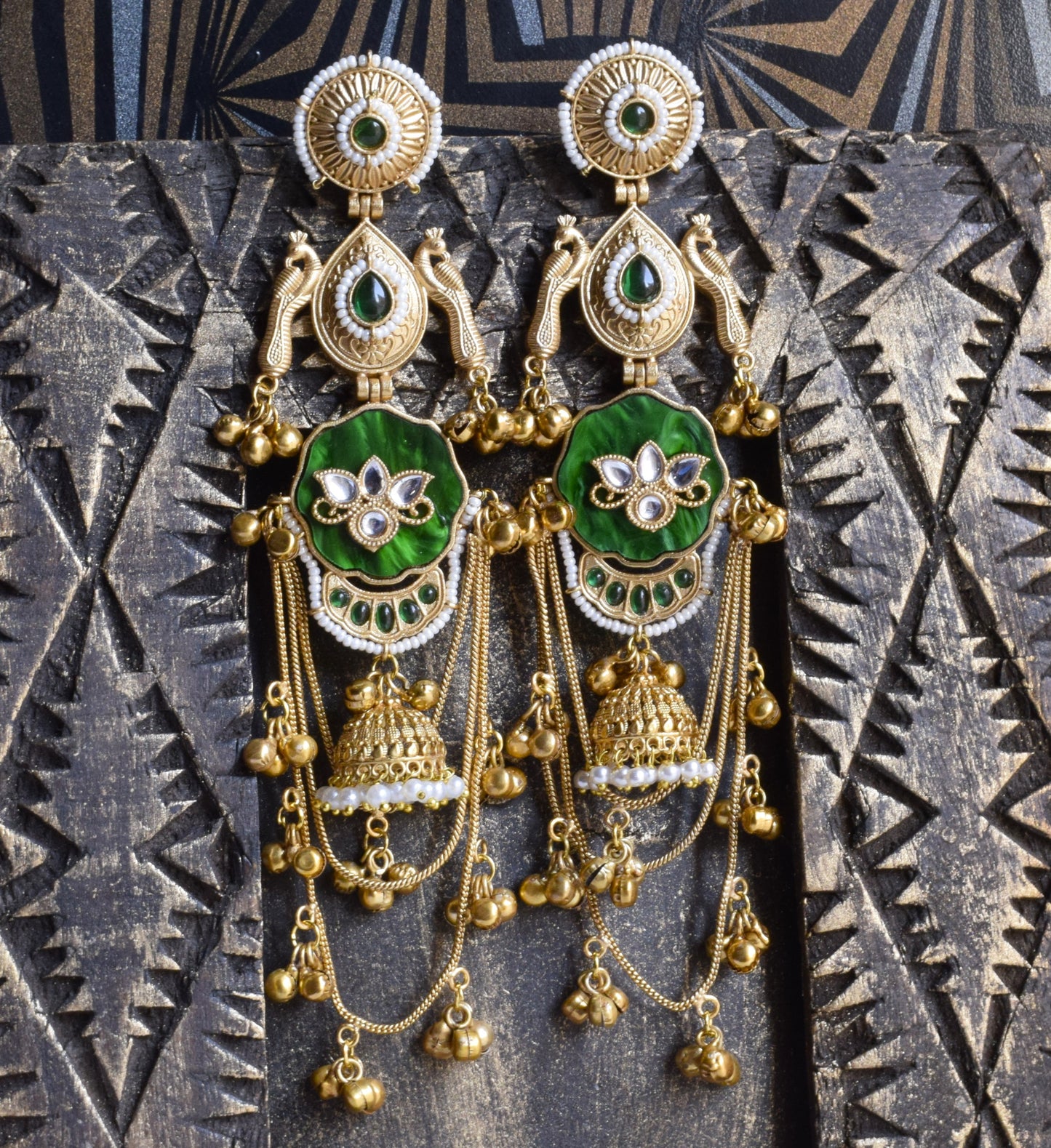 Kamalnayanam Matt Gold Long Ghungroo Peacock Jhumka