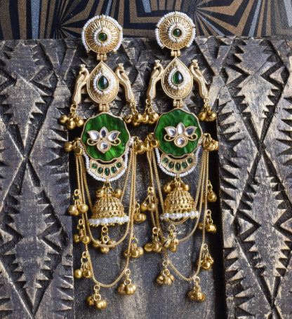 Kamalnayanam Matt Gold Long Ghungroo Peacock Jhumka