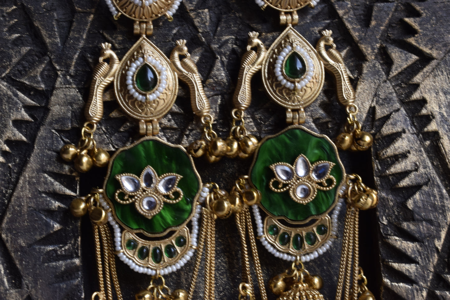 Kamalnayanam Matt Gold Long Ghungroo Peacock Jhumka