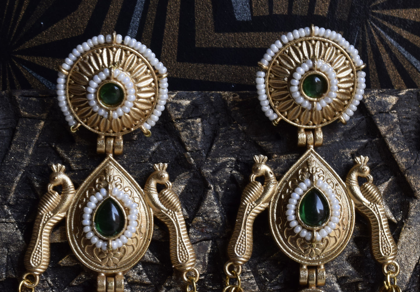 Kamalnayanam Matt Gold Long Ghungroo Peacock Jhumka