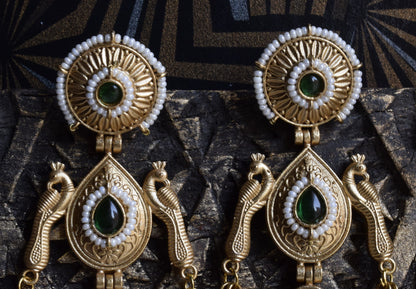 Kamalnayanam Matt Gold Long Ghungroo Peacock Jhumka