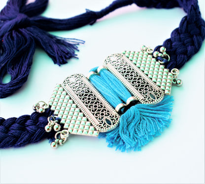 German Silver Jharokha Fabric Necklace Set